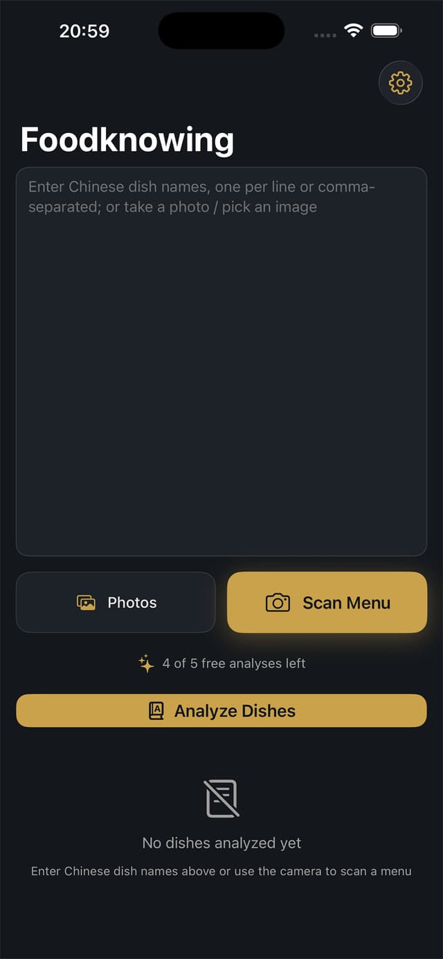 Foodknowing app interface showing the Scan Menu button and free dish analysis counter